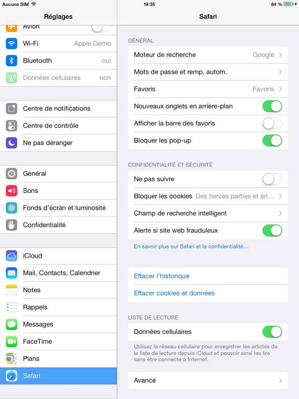 Page de démarrage Safari iOs 7