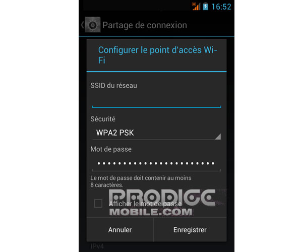 Configurer options Wifi pour partage de connexion