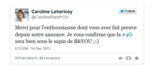 Tweet - la 4G chez B&YOU sous le sapin pour Noël 
