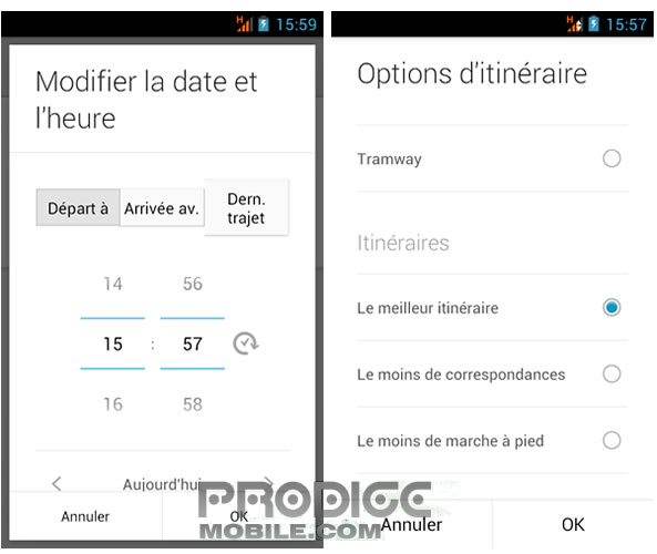 Options itinéraire de Google Maps