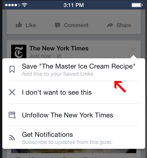 Facebook Save dans l'application mobile