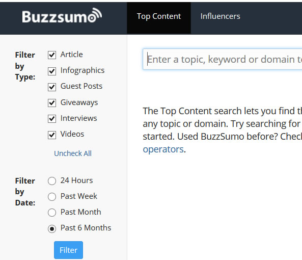 BuzzSumo filtres de recherche