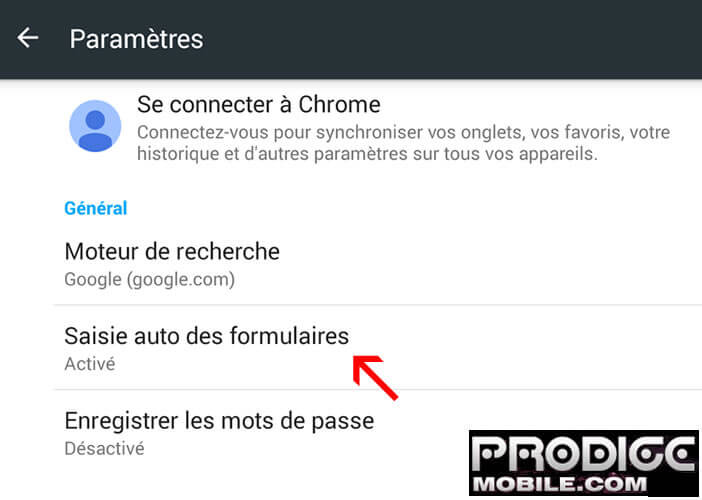 Auto formulaire - Google Chrome pour Android