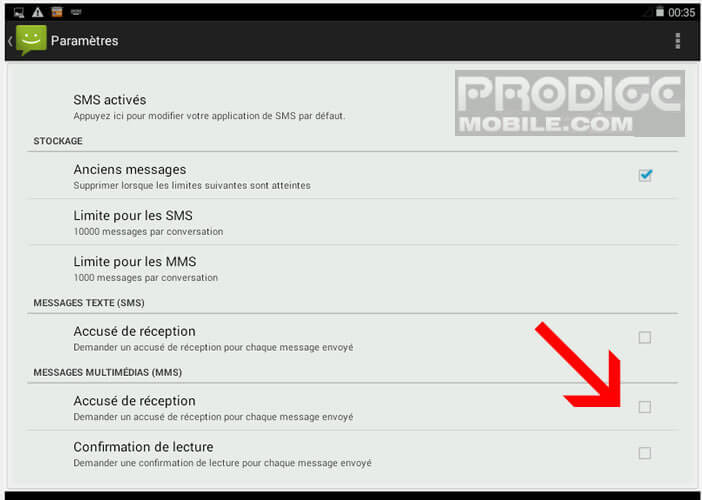 Cocher case accusé de réception pour les MMS