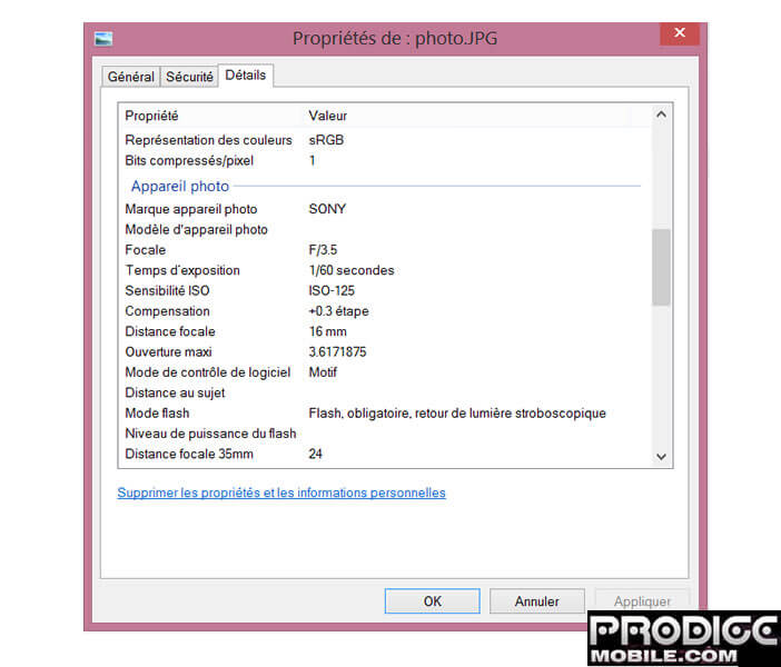 PC : données EXIf photos sur Windows