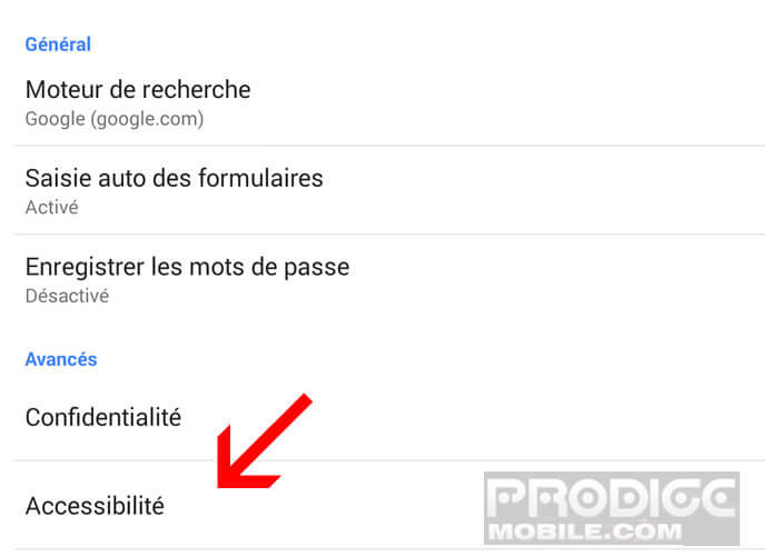 Options d'accessibilité de Google Chrome