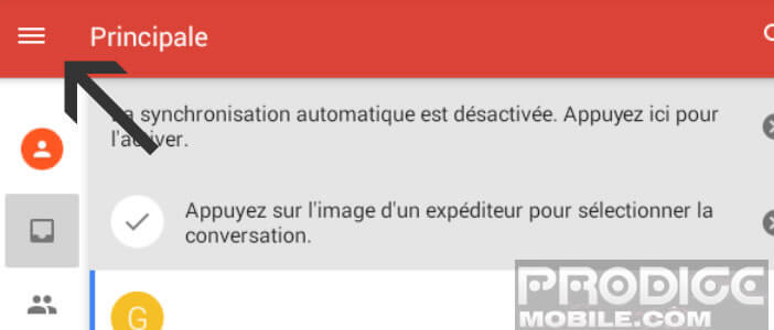 Menu de l'application Gmail pour Android