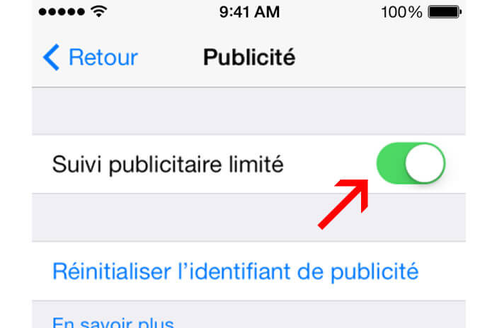 Activé le suivi publicitaire limité sur l'iPhone