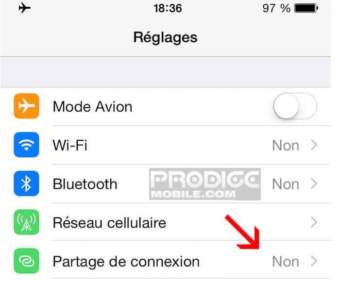 Paramètres de partage de connexion