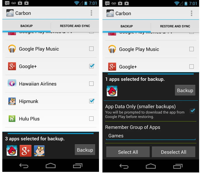 Sélectionner les applications Android à sauvegarder