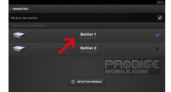 Sélectionner un boîtier sur l'application Freemote