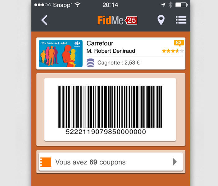 Carte de fidélité dans l'application FidMe