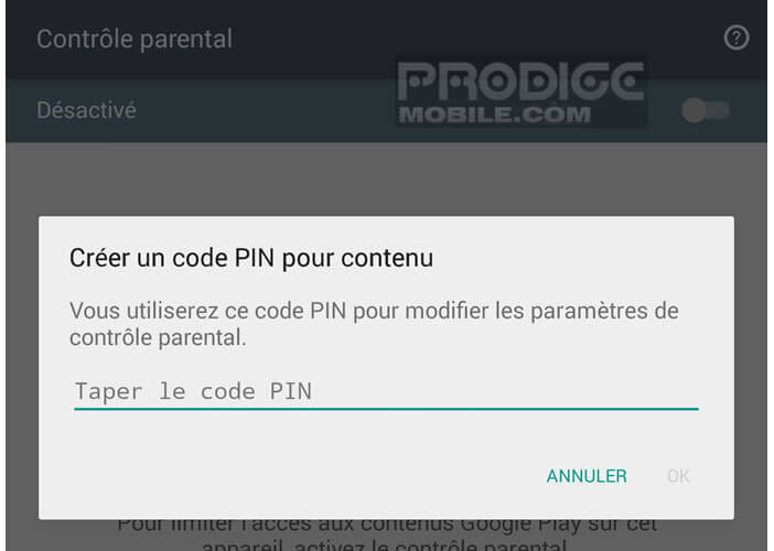 Code Pin pour filtrer le contenu des jeux et des applications