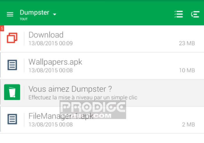 Liste des fichiers effacés dans Dumpster