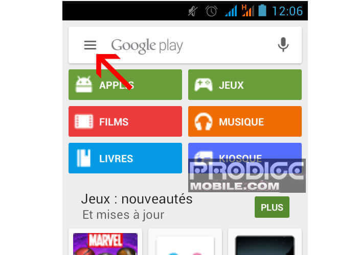 Ouvrir le menu du Play Store de Google