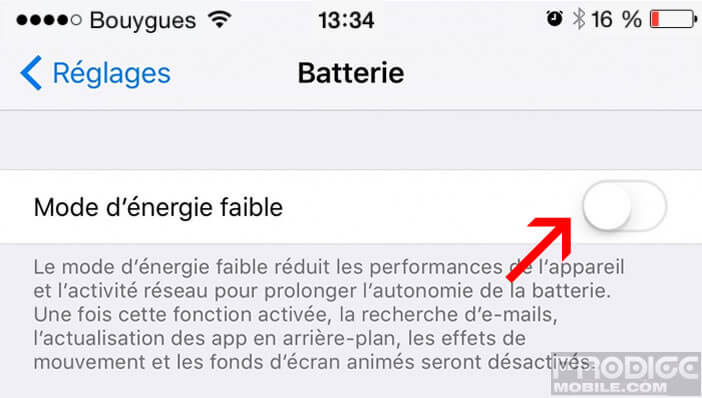 Mode d'énergie faible sous iOs 9