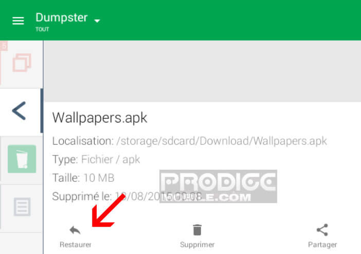 Restaurer un fichier avec l'application Dumpster
