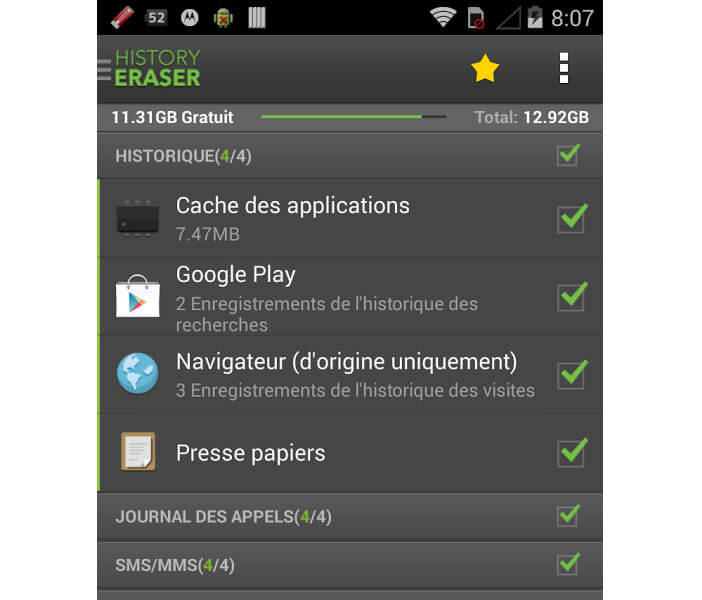 Supprimer l'historique des applications Android