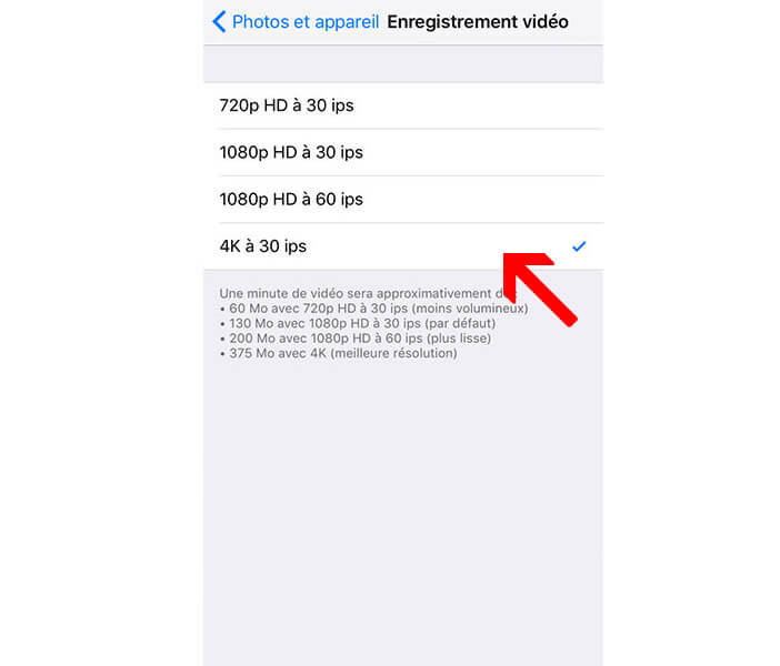 Activer la capture en 4K sur l'iPhone