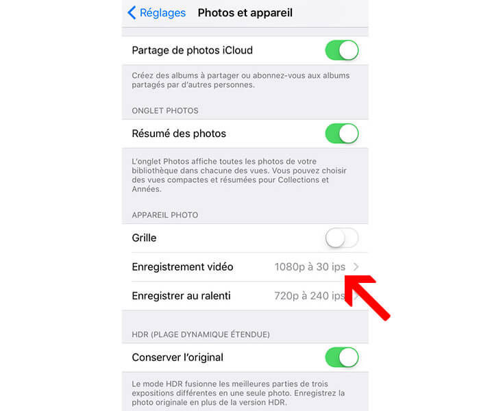 Modifier le format d'enregistrement de l'iPhone 6S