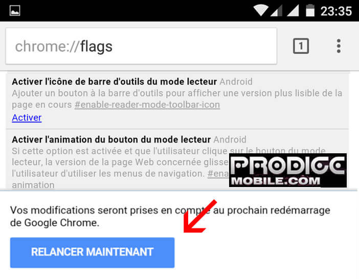 Relancer le navigateur Chrome pour activer le mode lecteur