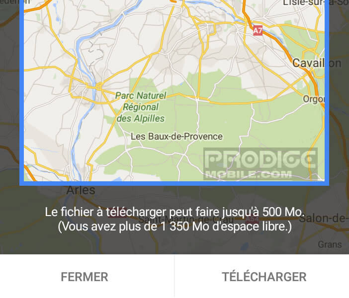 Google Maps indique le poids de la carte à télécharger