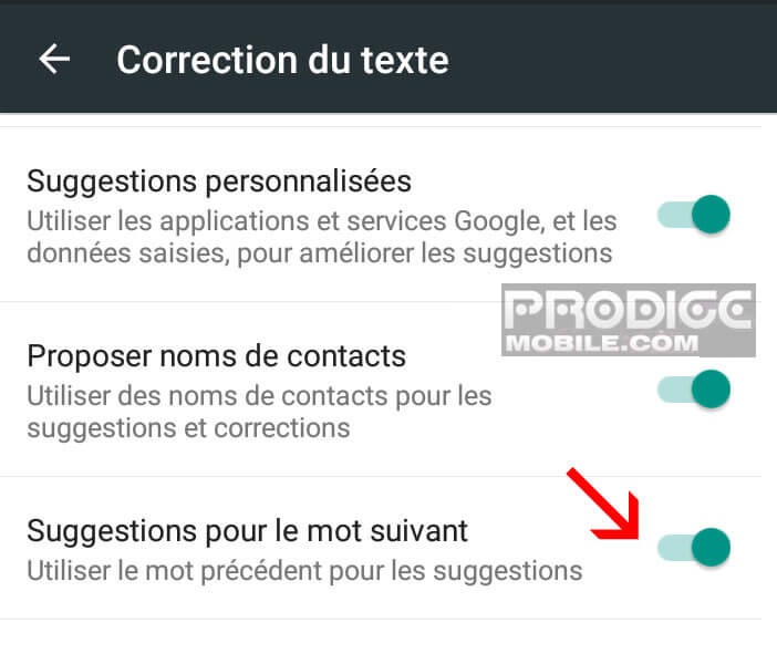 Fonction suggestion mot suivant du clavier Google