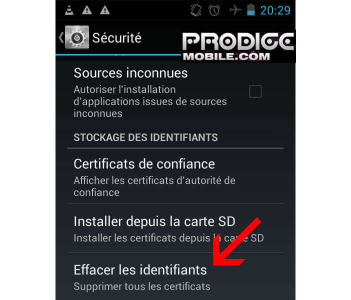 Sélectionnez la rubrique effacer les identifiants