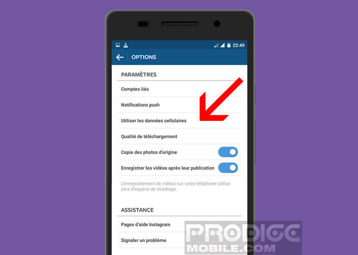 Option utiliser les données cellulaires sur Instagram