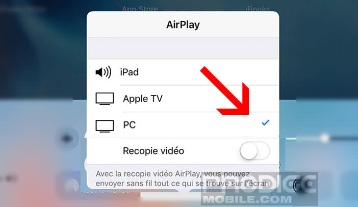 Sélectionnez sur votre iPhone l'appareil Airplay où vous souhaitez envoyer votre contenu