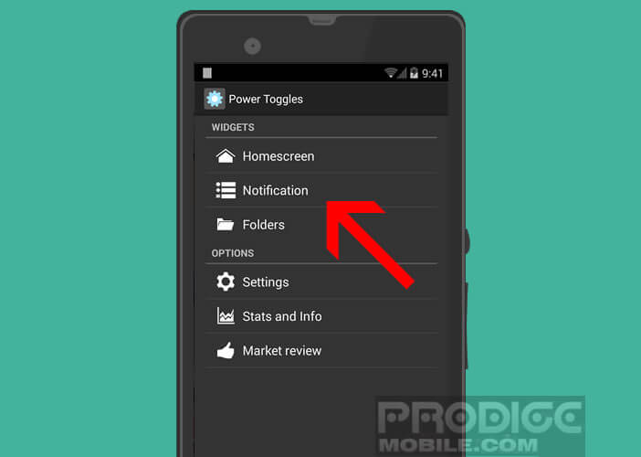 Ouvrir l'option notification de Power Toggles