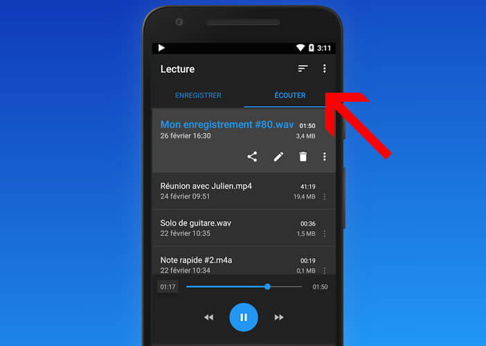Ecouter ses sons depuis l'application Enregistreur voix facile