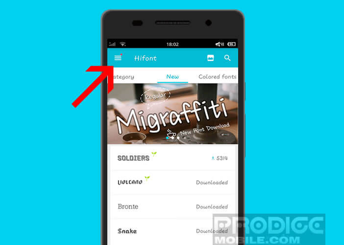 Menu de l'application HiFont pour Android