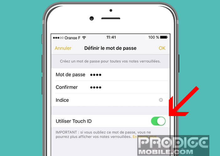 Définir un mot de passe dans l'application Notes