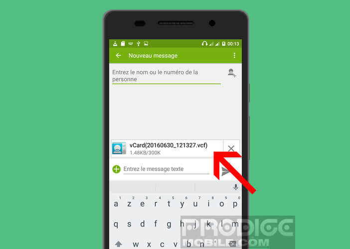 Le fichier vcf est envoyé en pièce jointe avec le MMS