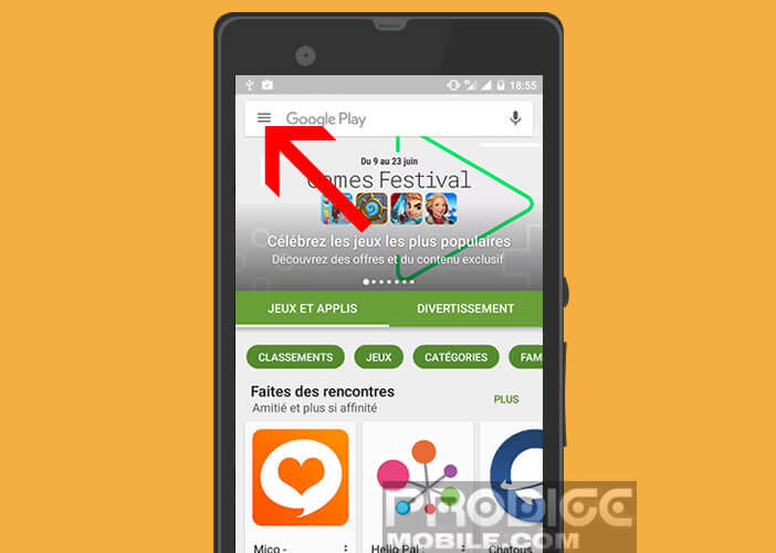 Modifier les paramètres du Play Store en cliquant sur le bouton menu