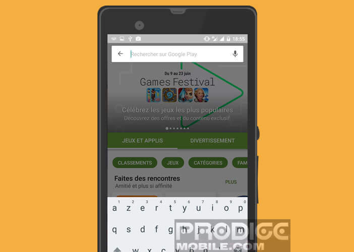 Menu de recherche auto-complétion du Play Store