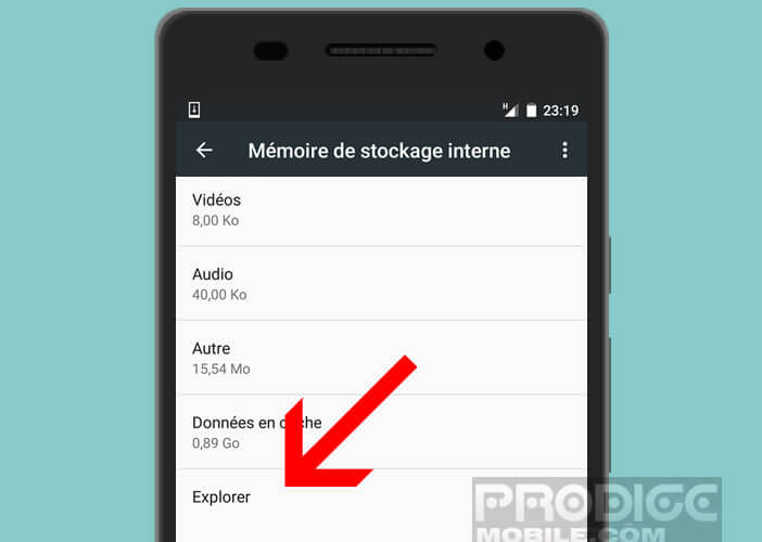 Cliquez sur Explorer pour lancer le gestionnaire de fichiers sur un mobile Android