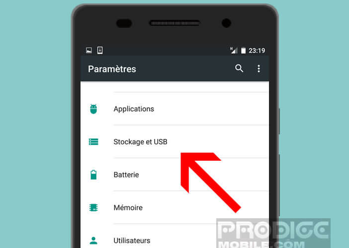 Stockage et USB dans les paramètres Android
