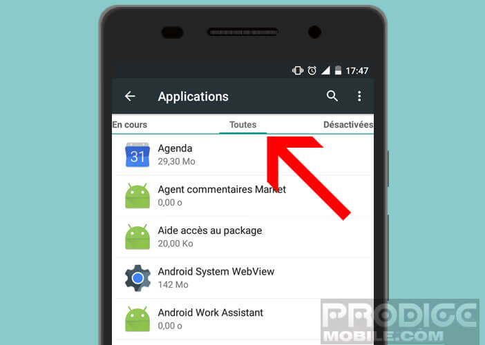 Cliquez sur l'onglet toutes pour afficher tous les applis installées sur votre Android