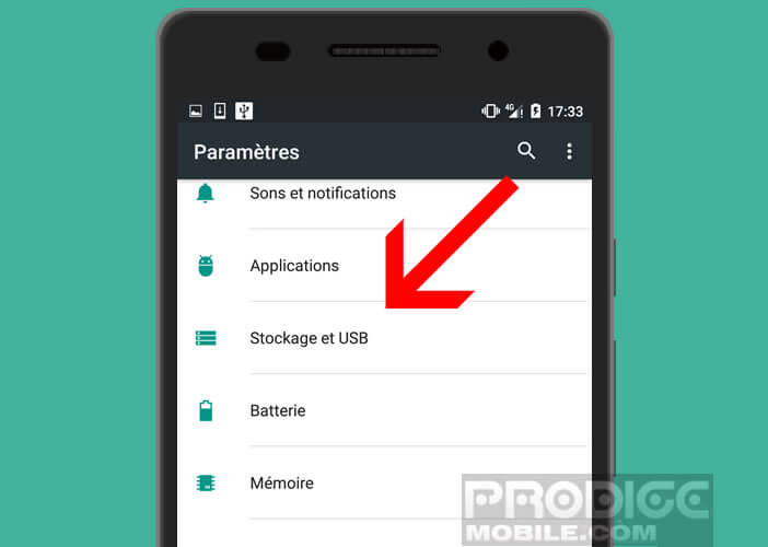 Ouvrir les paramètres de stockage d'un smartphone Android