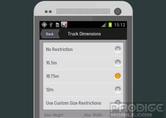 Entrez les caractéristiques de votre camion dans l'appli GPS