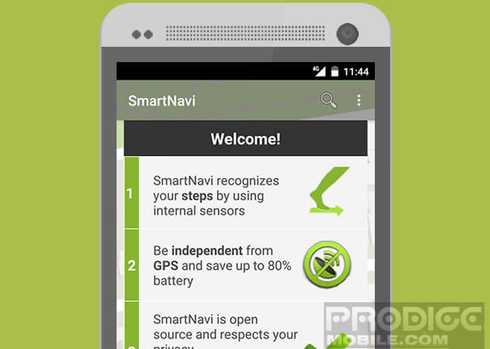 La navigation avec l'application Smart Navi se fait par les capteurs internes du mobile