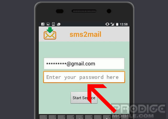 Saisir vos identifiants Gmail dans l'application sms2mail