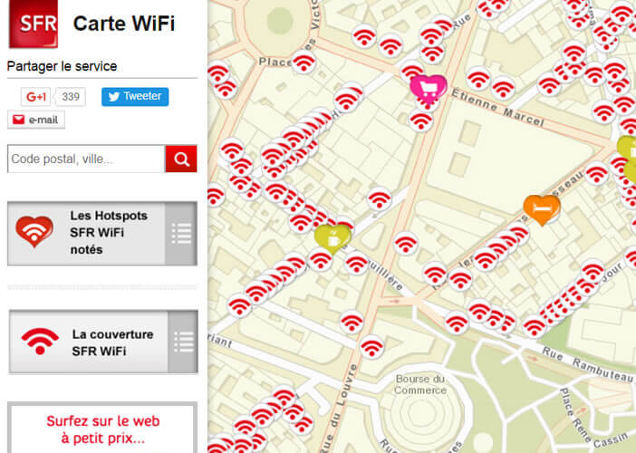 Carte des hotspots SFR Wifi mobile permettant de se connecter gratuitement