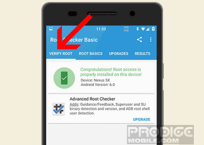 Sélectionnez l'onglet verify root pour lancer la détection du root