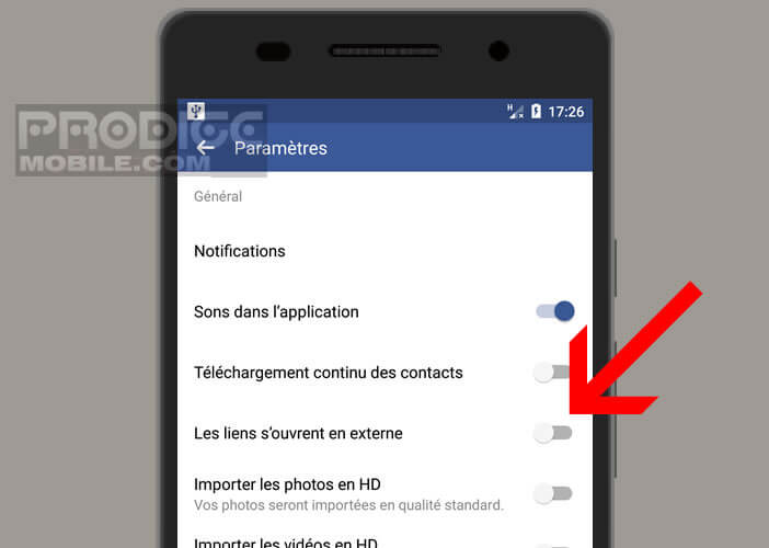 Supprimer l'ouverture automatique des liens dans le navigateur Facebook