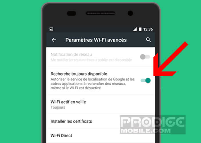 Désactiver la fonction de recherche réseau sans-fil Wi-Fi