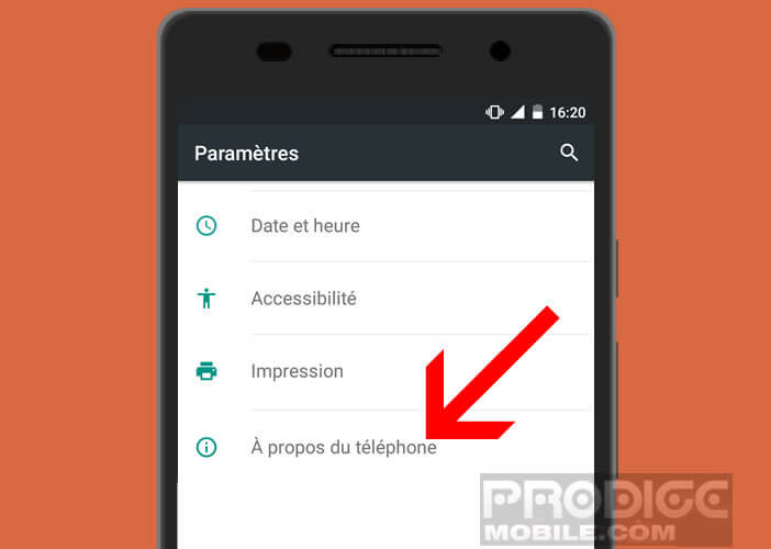 Paramètre à propos du téléphone Android