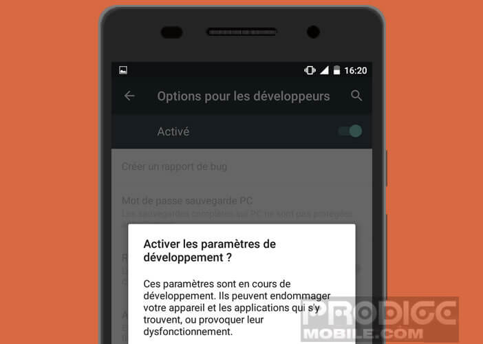 Message d’alerte concernant l’utilisation des fonctions cachées du mode développement